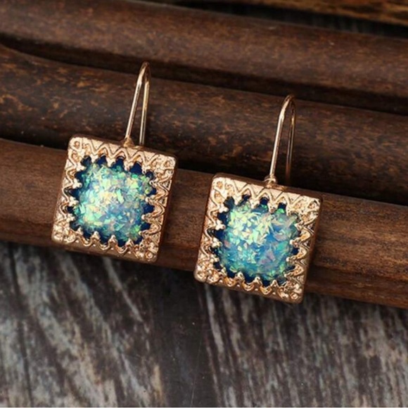 Blue Opal, Faux, Confetti Glitter Square Dangle Hook Gold color Earrings, Gift - Picture 2 of 4